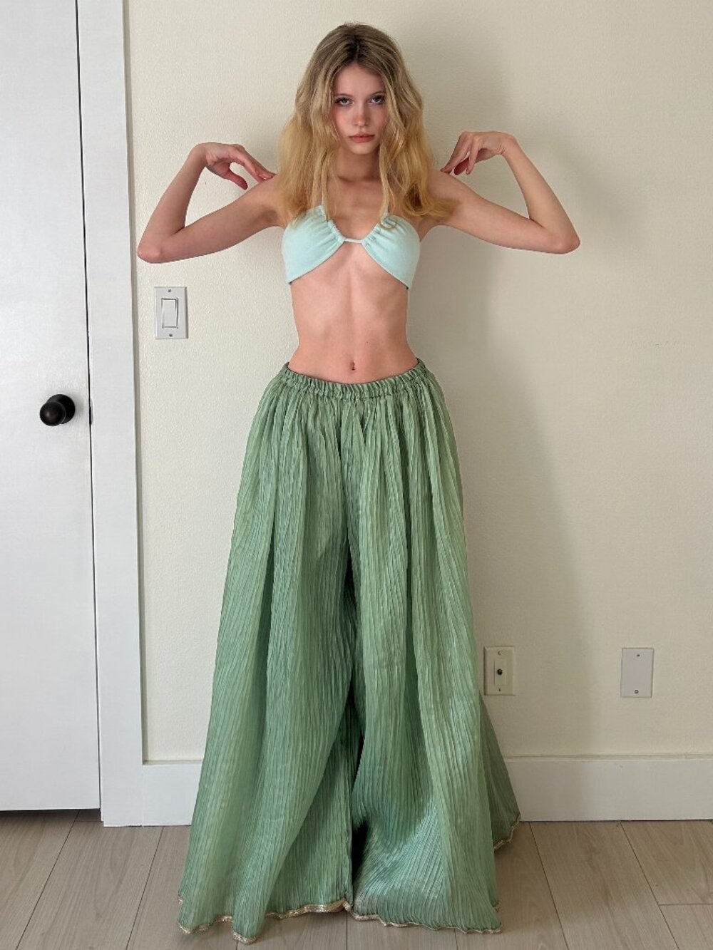80s Palazzo Pants (L) large mint green vintage womens skirt wide leg glam